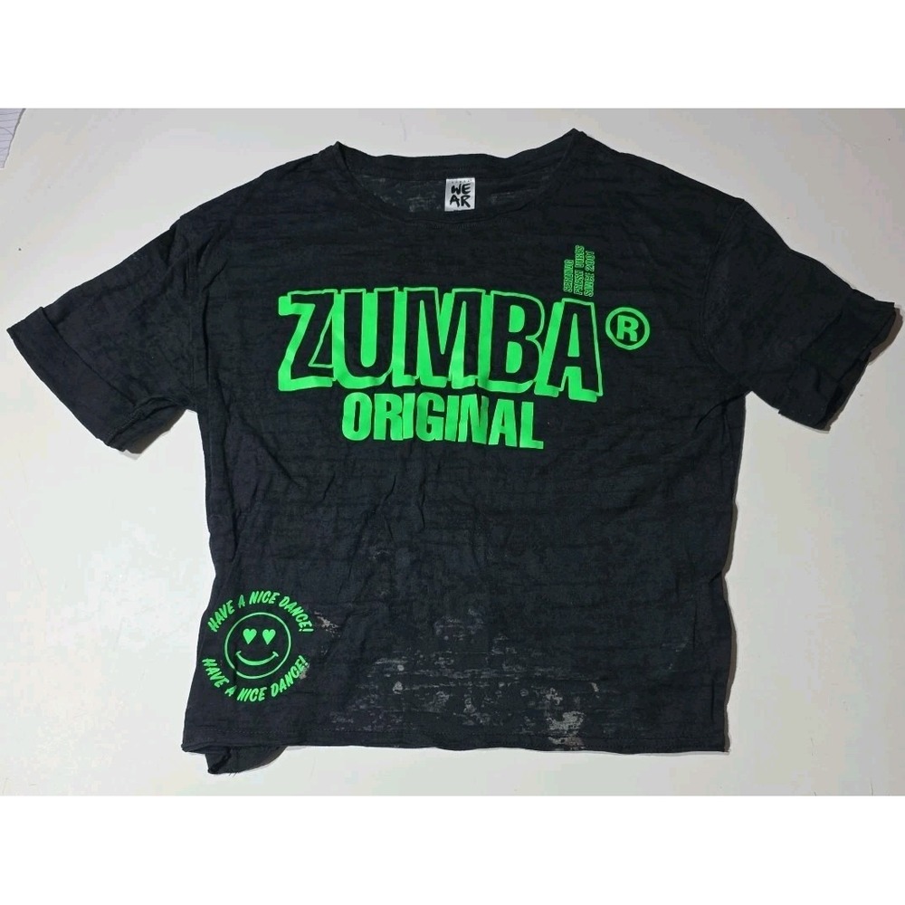Womens Black Zumba T Shirt Short Sleeve lightweight sheer Size XS Bleach Spots